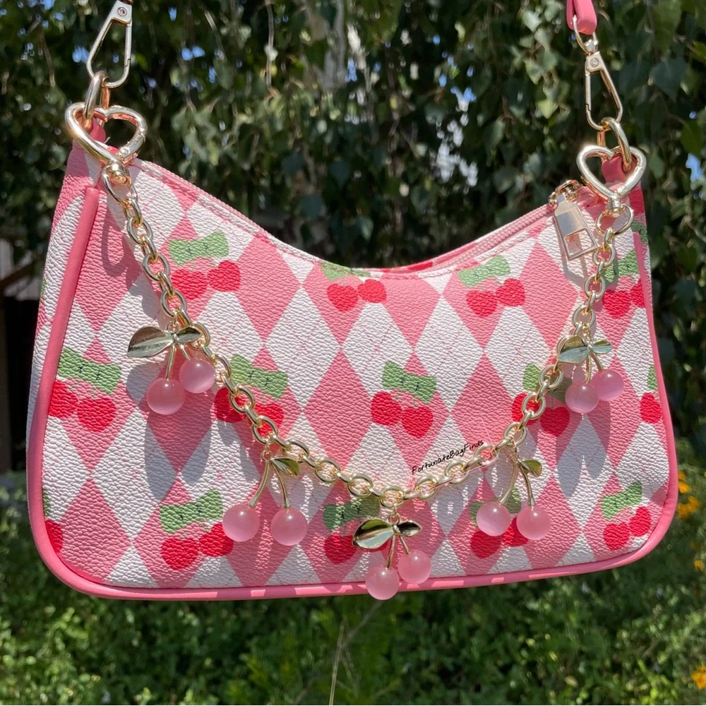 Pink Crystal Cherry Bag Charm Chain Novelty Purse Strap Baby Pink Cherries Charm - Picture 12 of 14